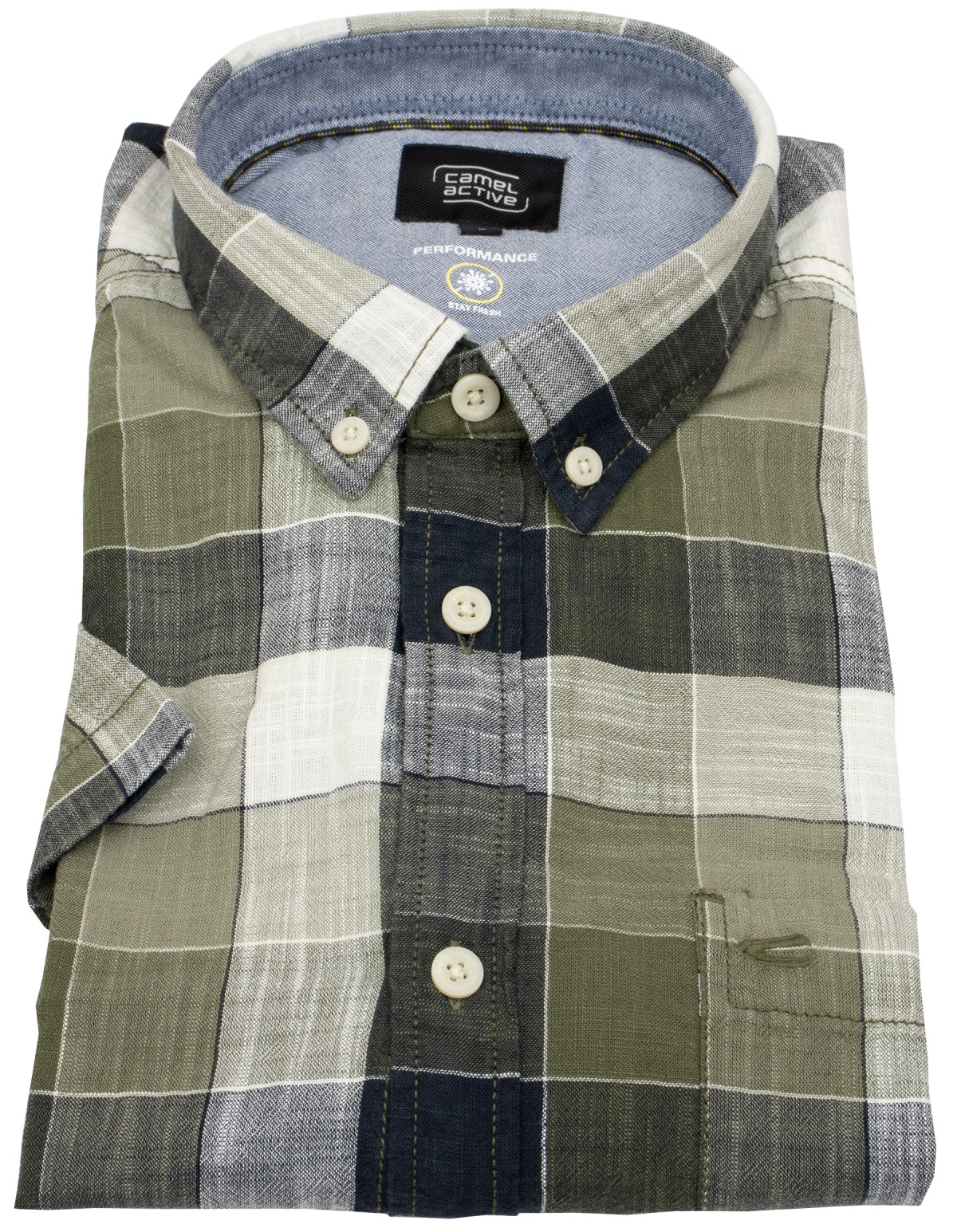 Camel Active Kurzarmhemd - Regular Fit - Button Down - kariert - olivgrün
