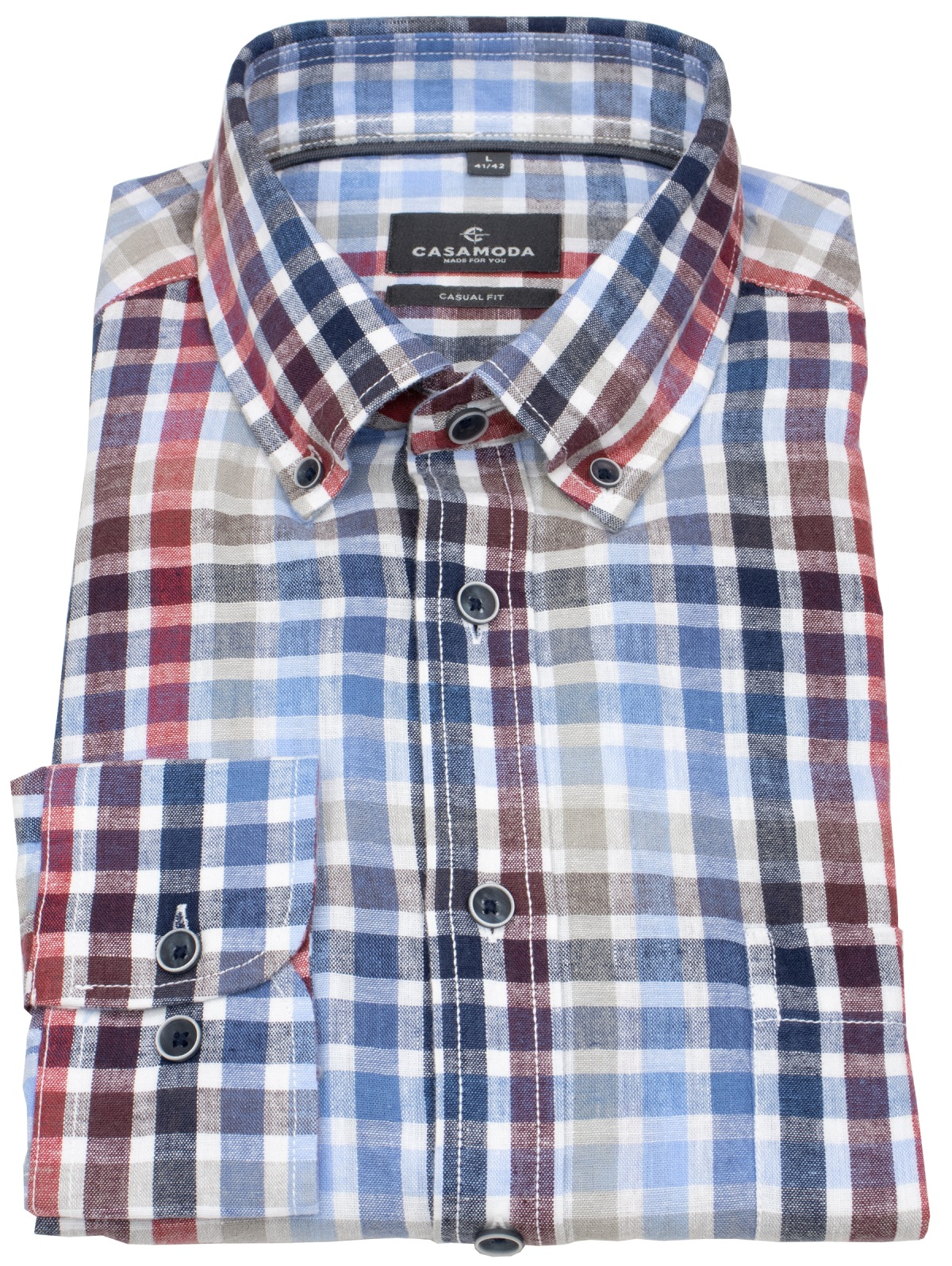 Casa Moda Leinenhemd - Casual Fit - Button Down Kragen - kariert - rot