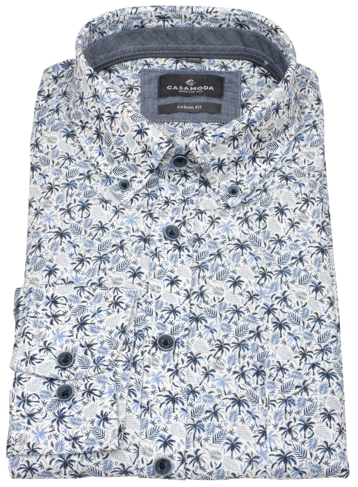 Casa Moda Leinenhemd - Casual Fit - Button Down Kragen - Palmen - blau