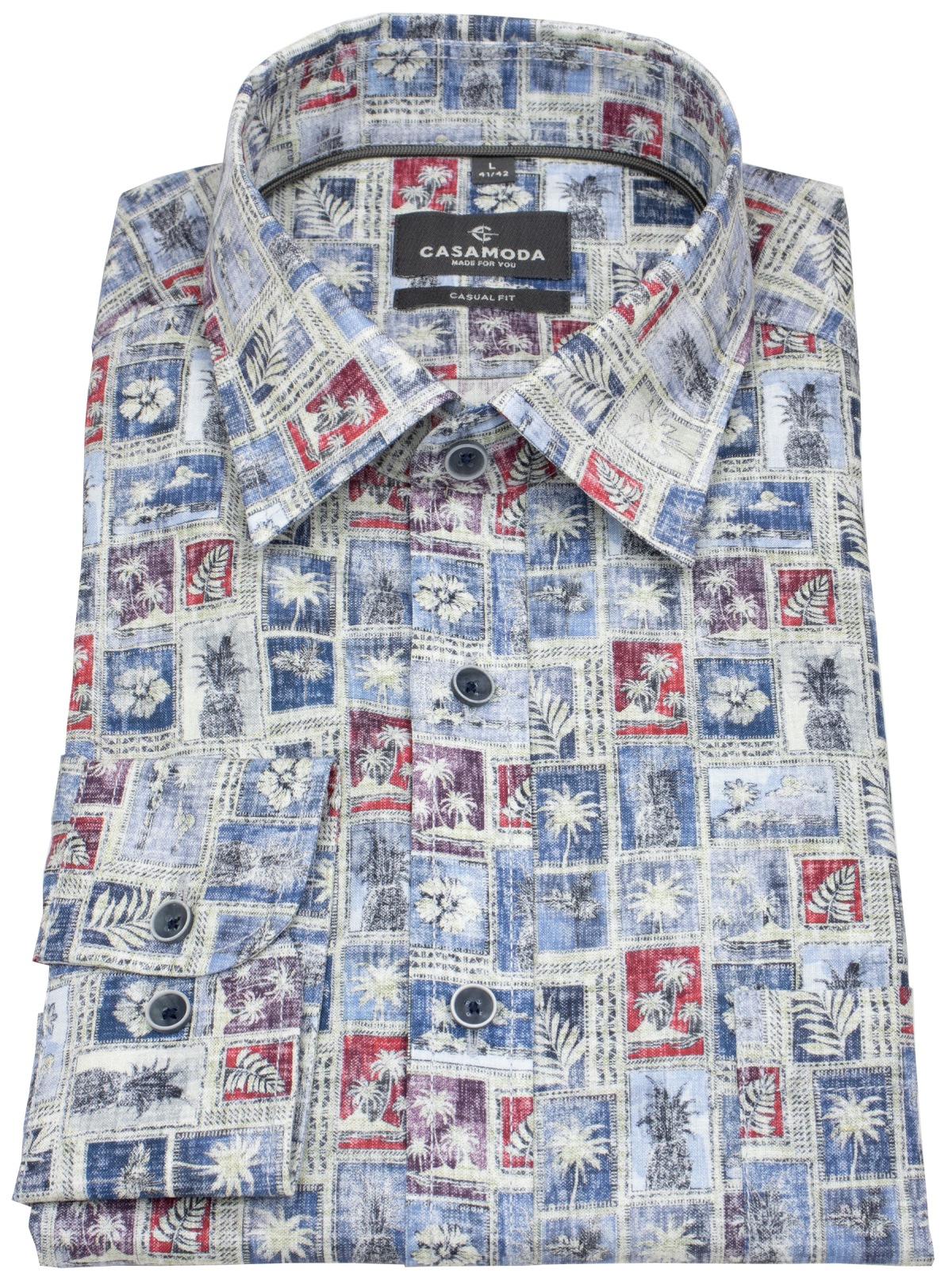 Casa Moda Leinenhemd - Casual Fit - sommerlicher Print - blau