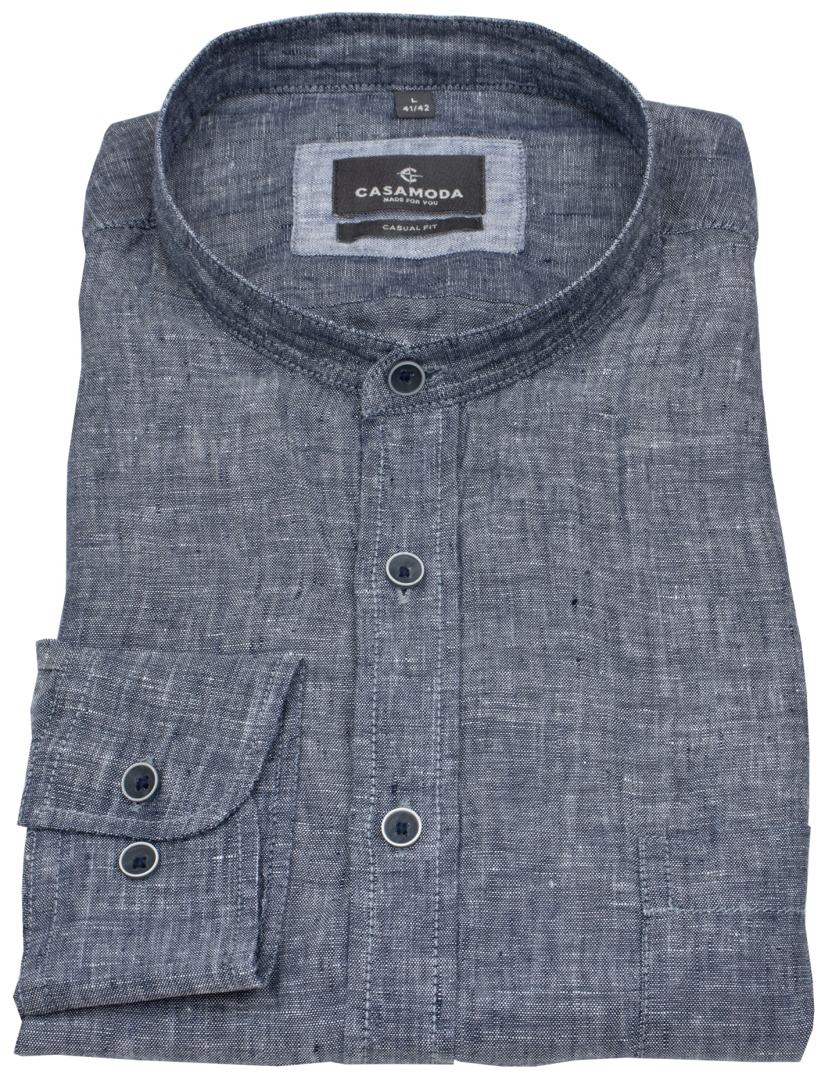 Casa Moda Leinenhemd - Casual Fit - Stehkragen - blau