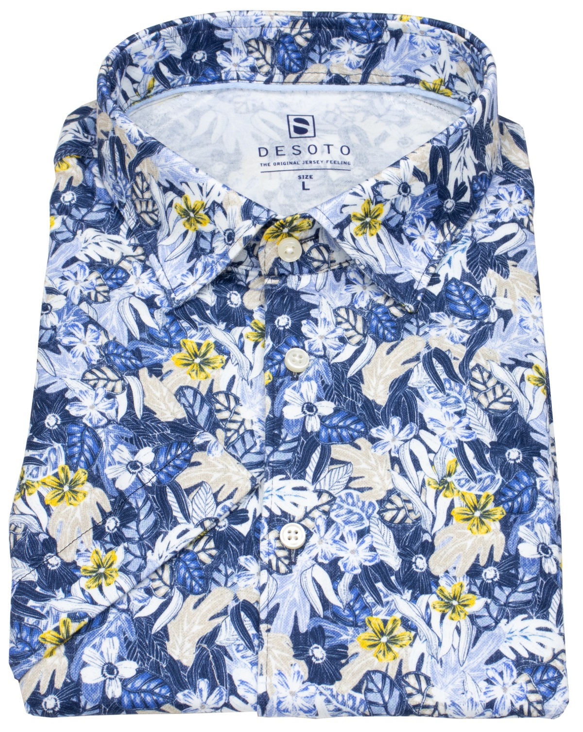 DESOTO Kurzarmhemd - Slim Fit - Jersey - Kentkragen - Print - blau
