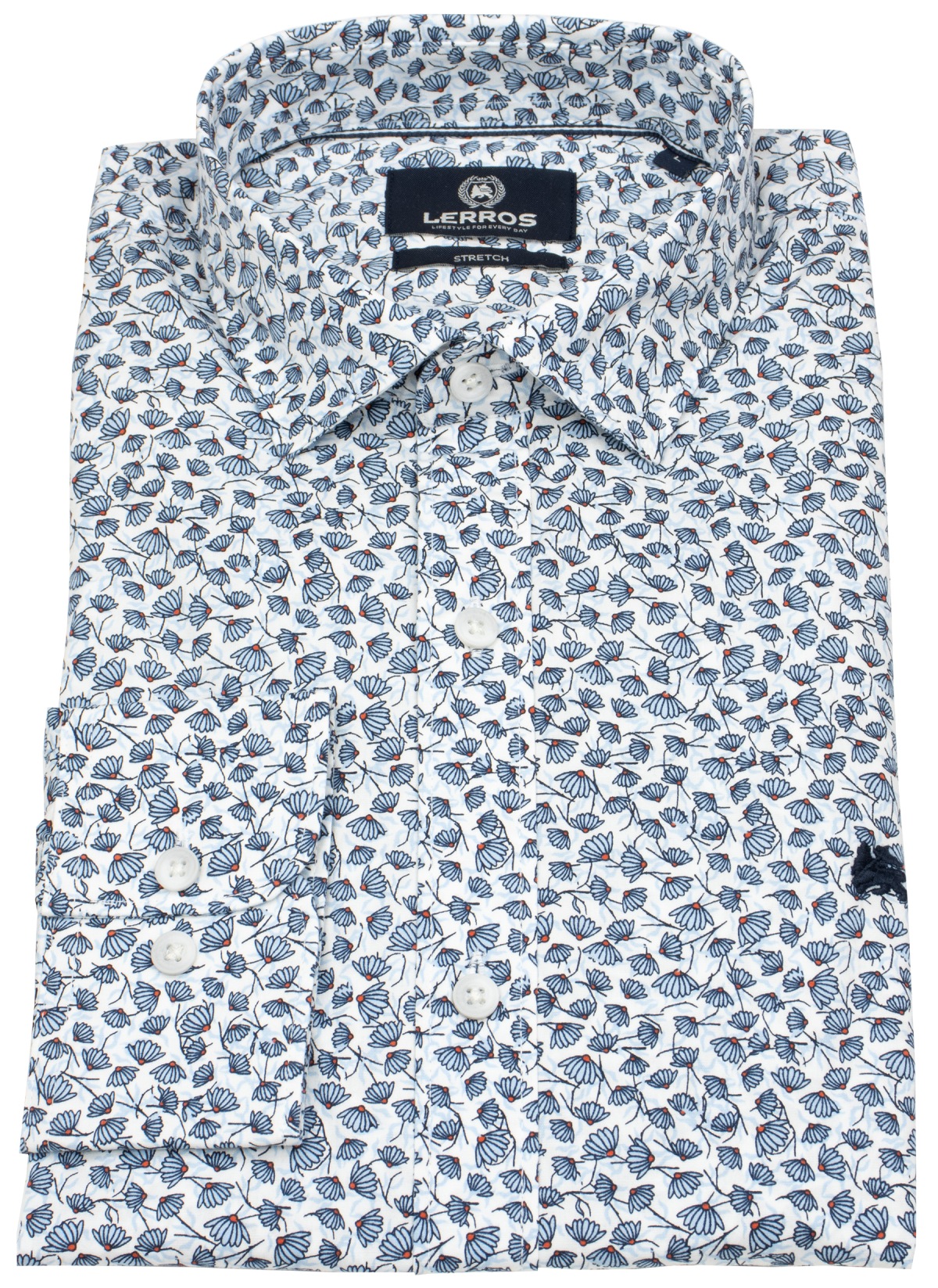 Lerros Hemd - Regular Fit - Kentkragen - florales Muster - blau / weiß