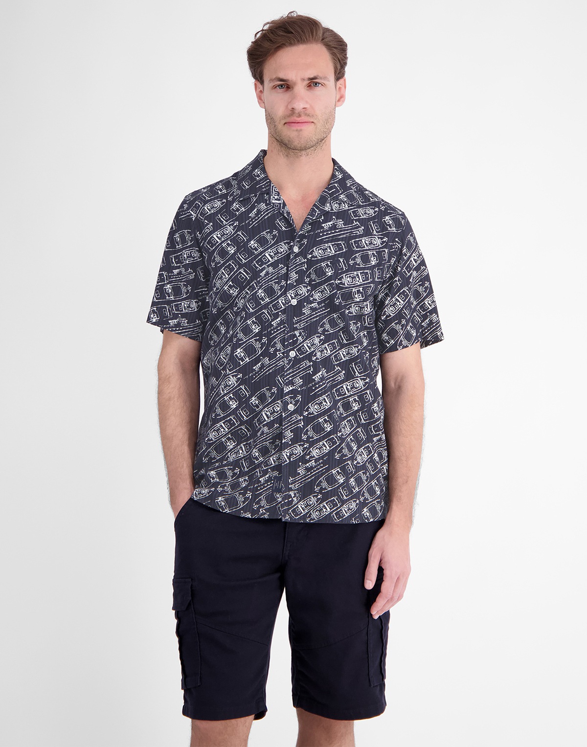 Lerros Kurzarmhemd - Regular Fit - Boote Print - dunkelblau