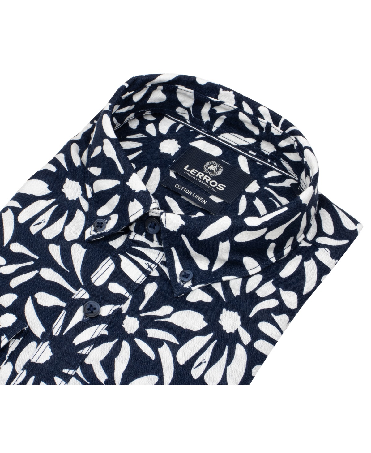 Lerros Kurzarmhemd - Regular Fit - Button Down - mit Leinen - dunkelblau / weiß