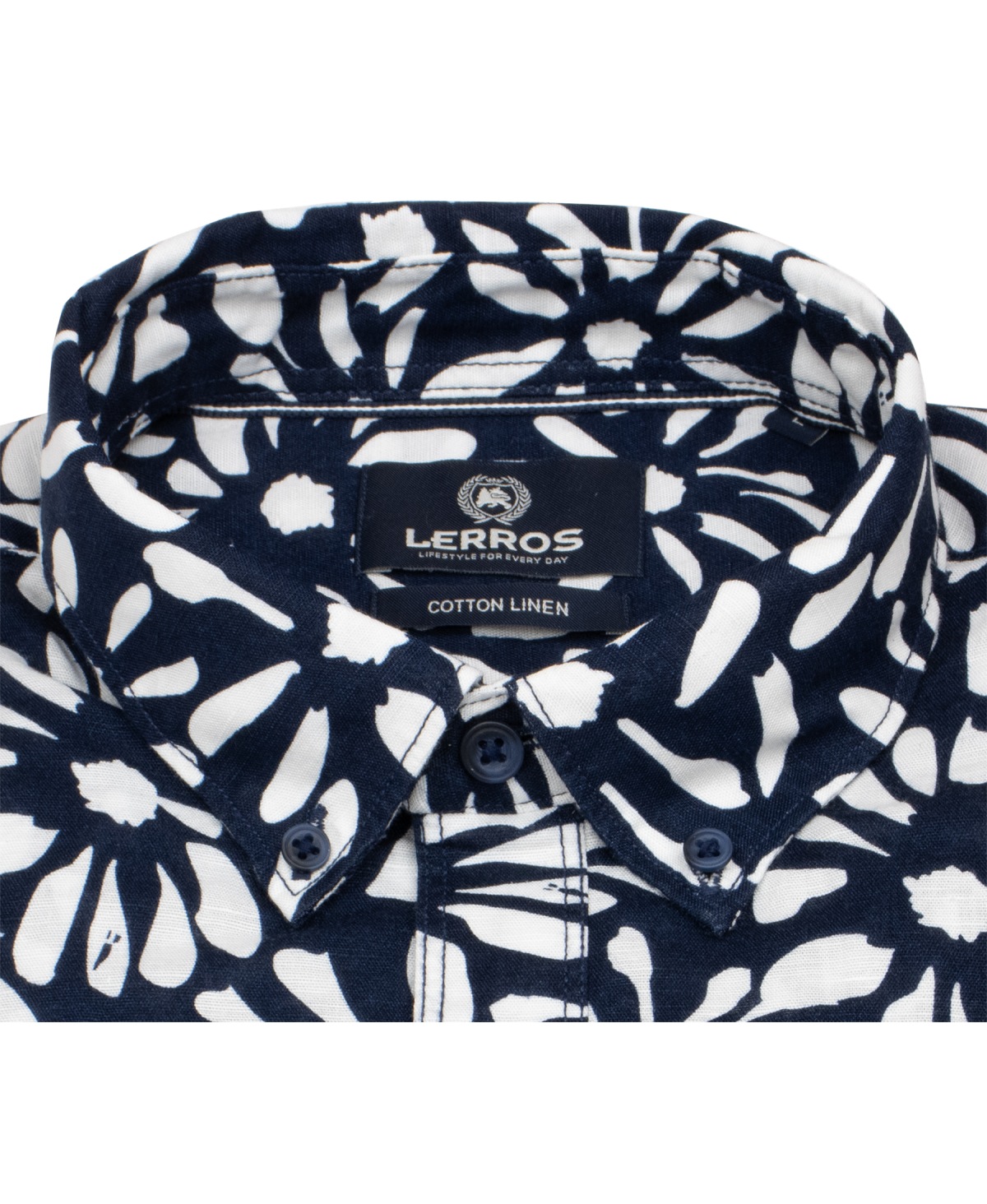 Lerros Kurzarmhemd - Regular Fit - Button Down - mit Leinen - dunkelblau / weiß