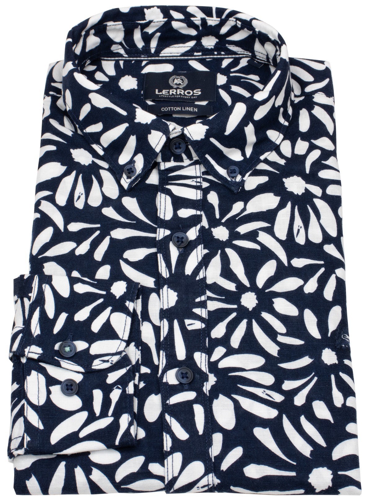 Lerros Kurzarmhemd - Regular Fit - Button Down - mit Leinen - dunkelblau / weiß