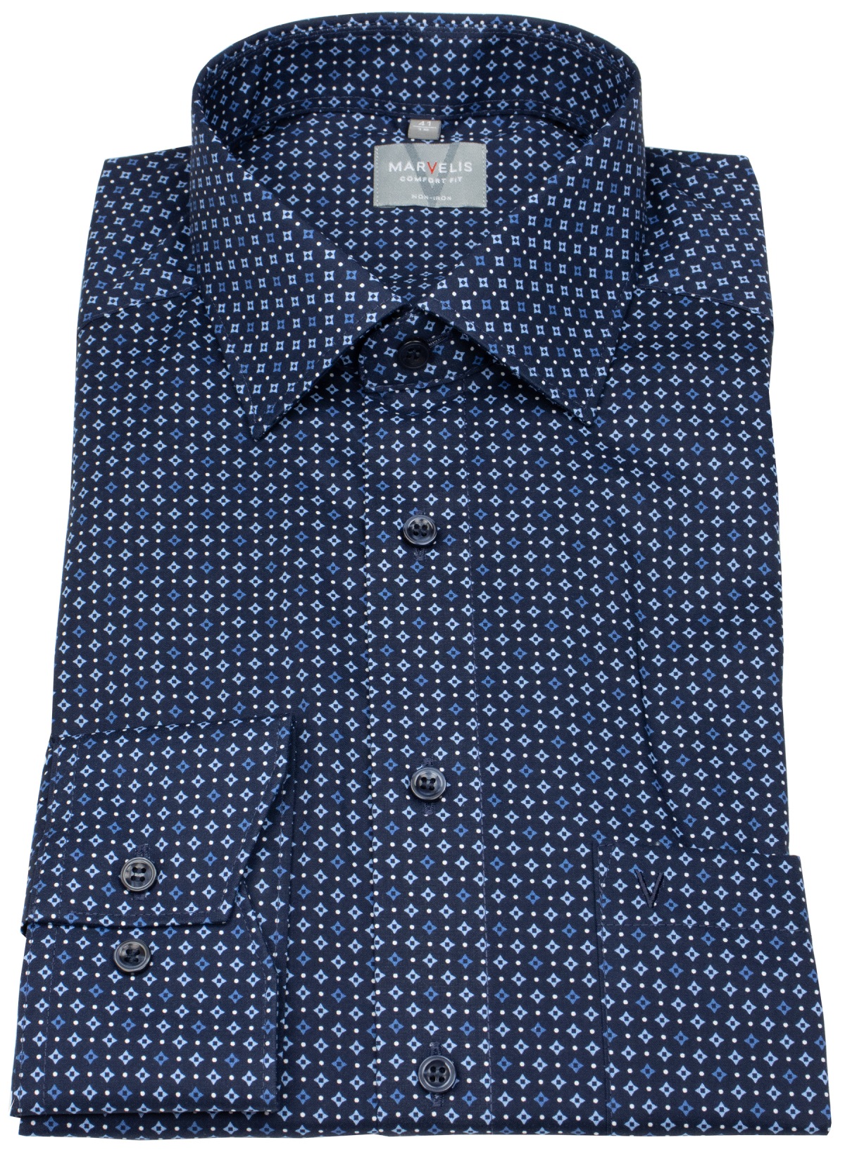 Marvelis Hemd - Comfort Fit - Print - Kontrastknöpfe - dunkelblau / hellblau