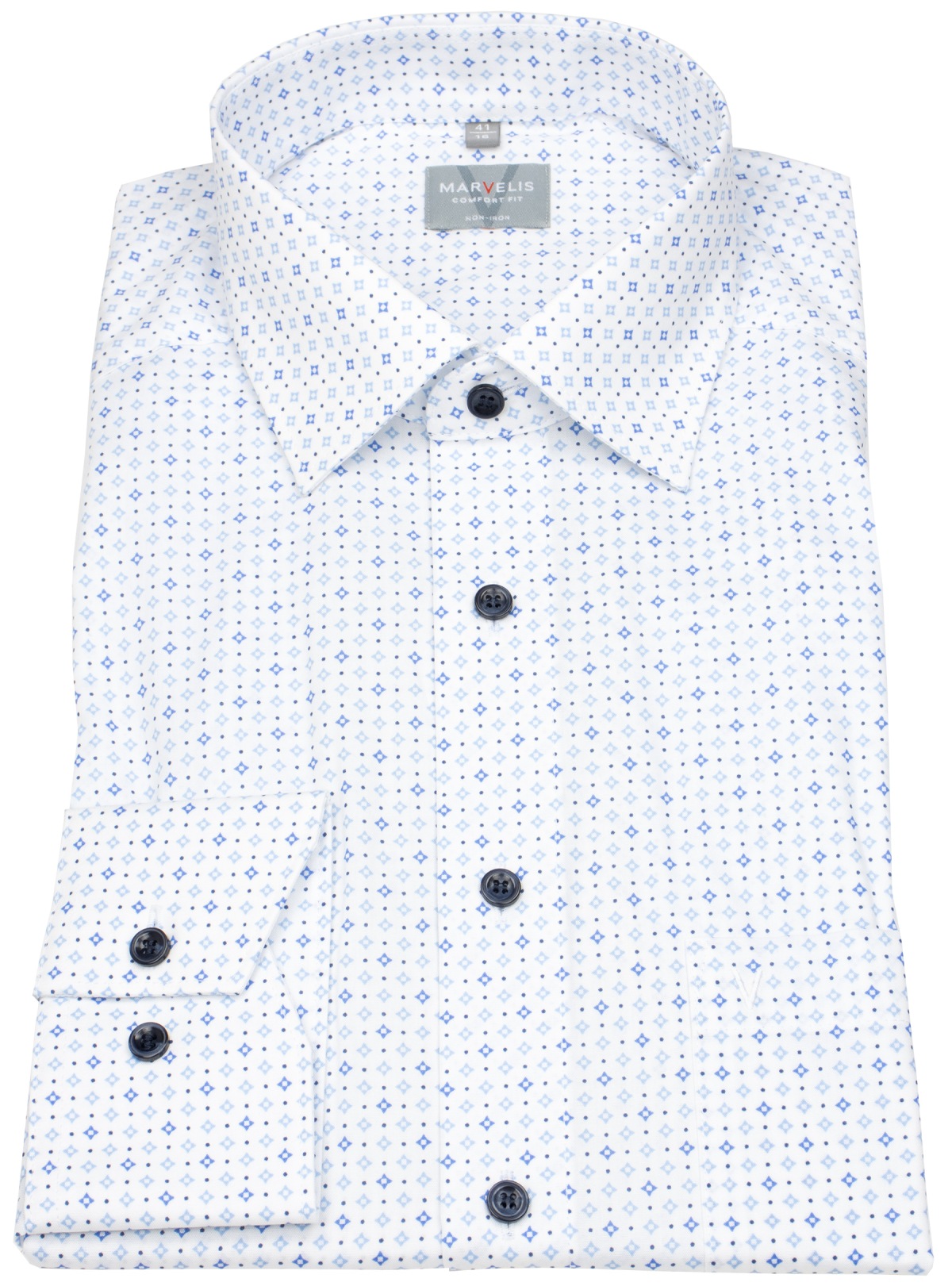Marvelis Hemd - Comfort Fit - Print - Kontrastknöpfe - weiß / blau