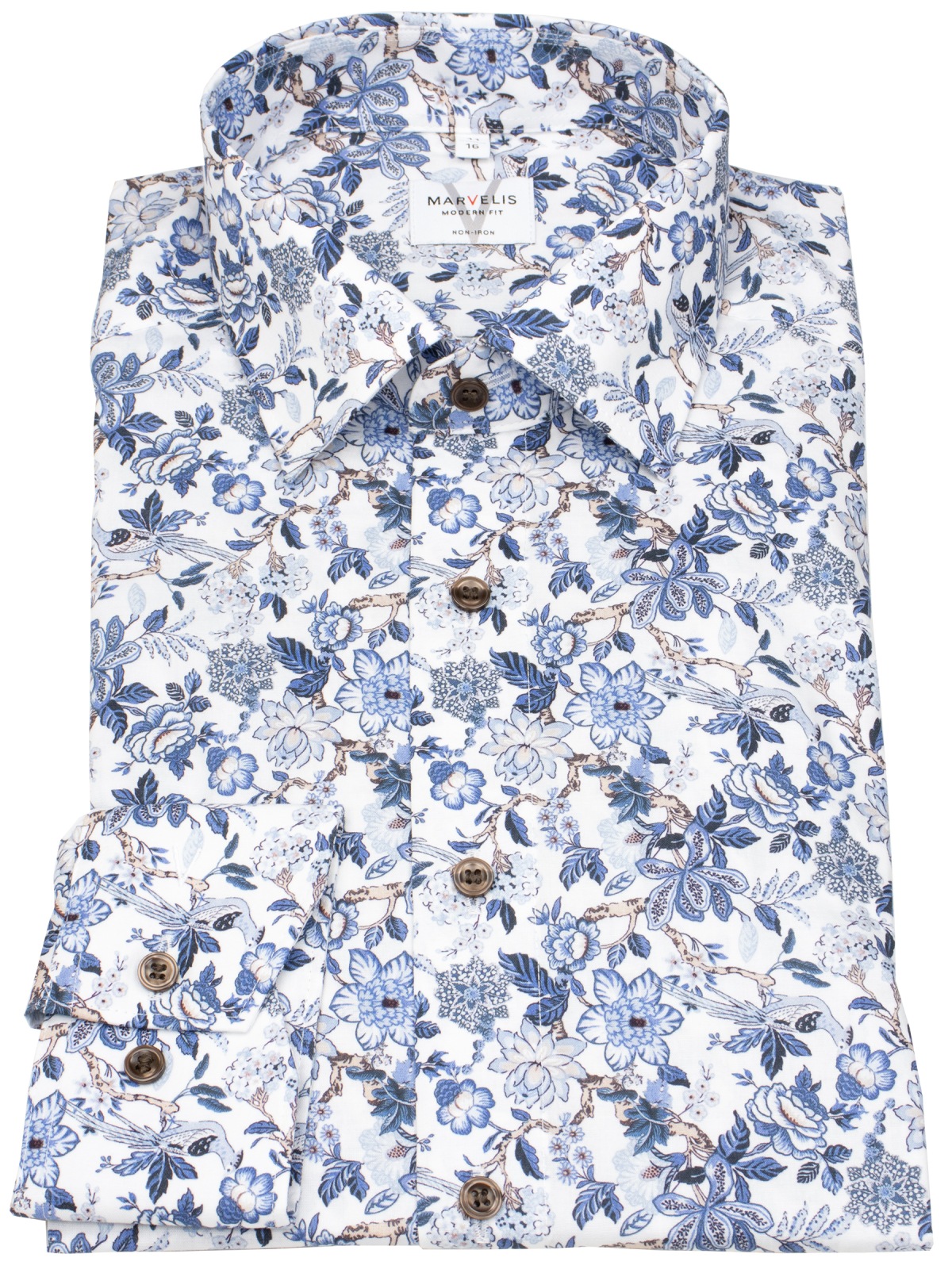 Marvelis Hemd - Modern Fit - florales Muster - blau / braun - extra langer 69cm Arm