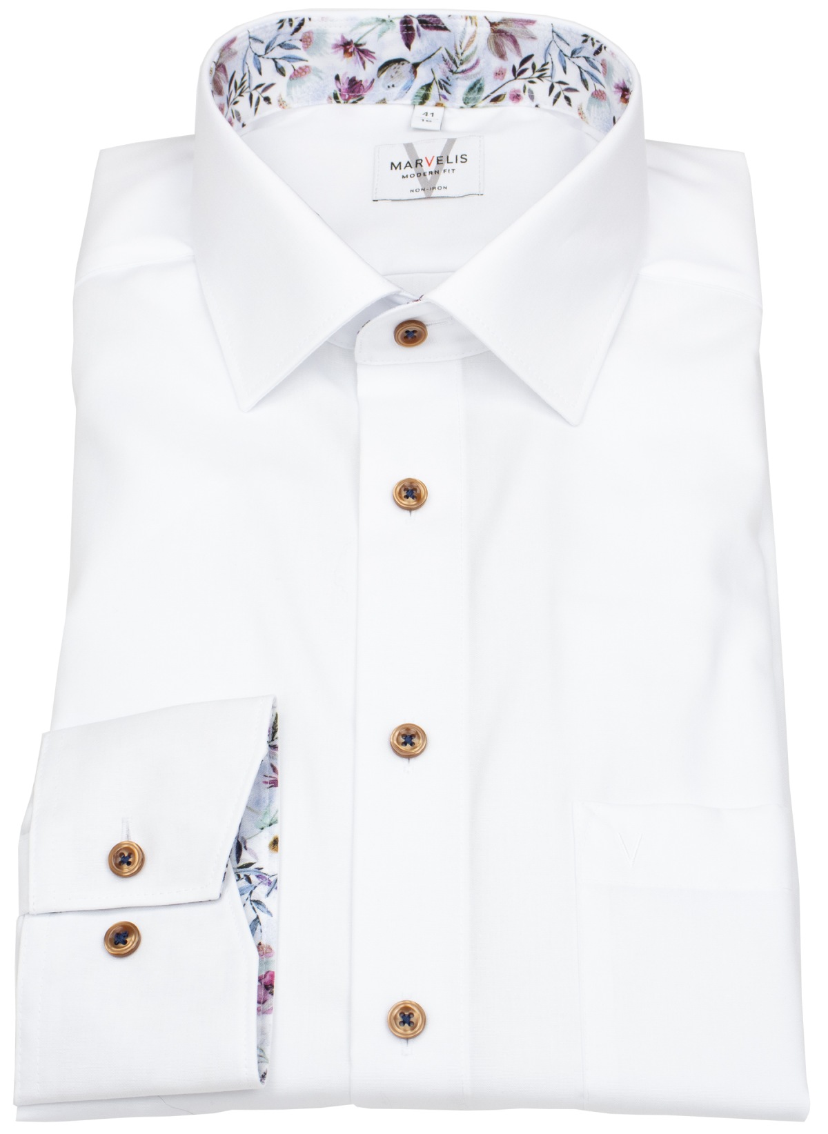 Marvelis Hemd - Modern Fit - Kontrastknöpfe - weiß - extra langer 69cm Arm