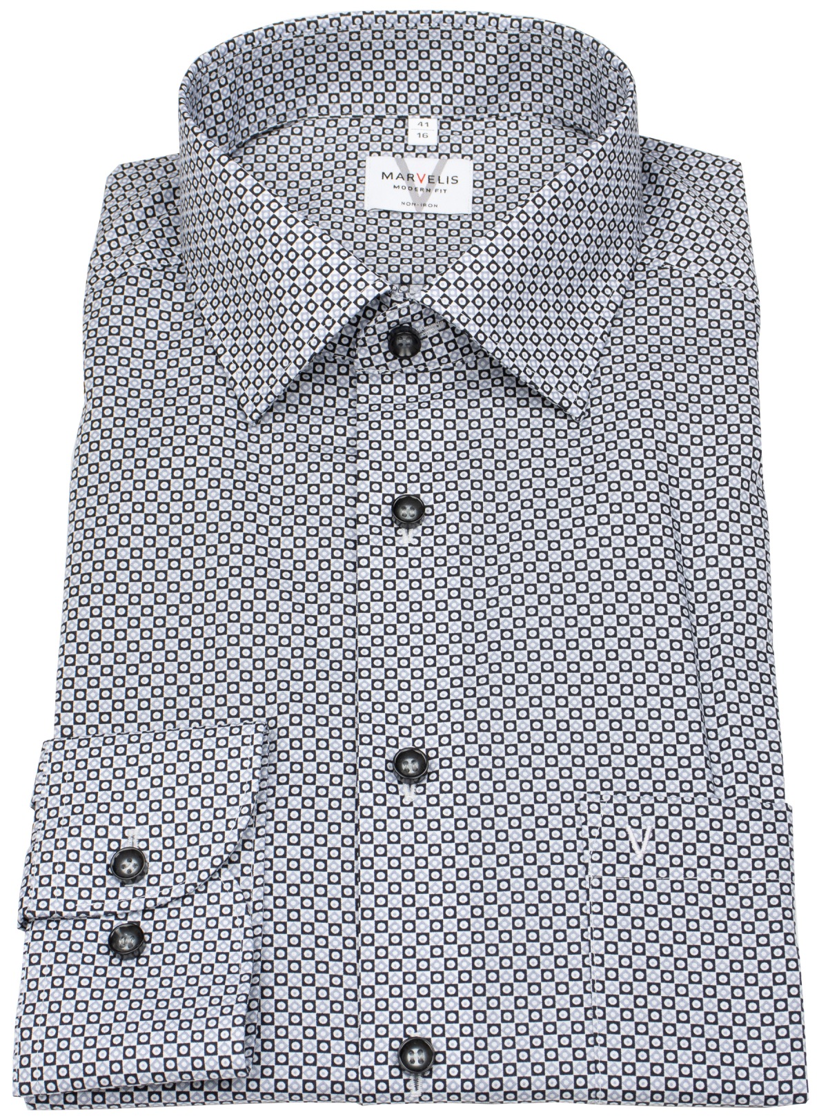 Marvelis Hemd - Modern Fit - Print - grau / schwarz - extra langer 69cm Arm