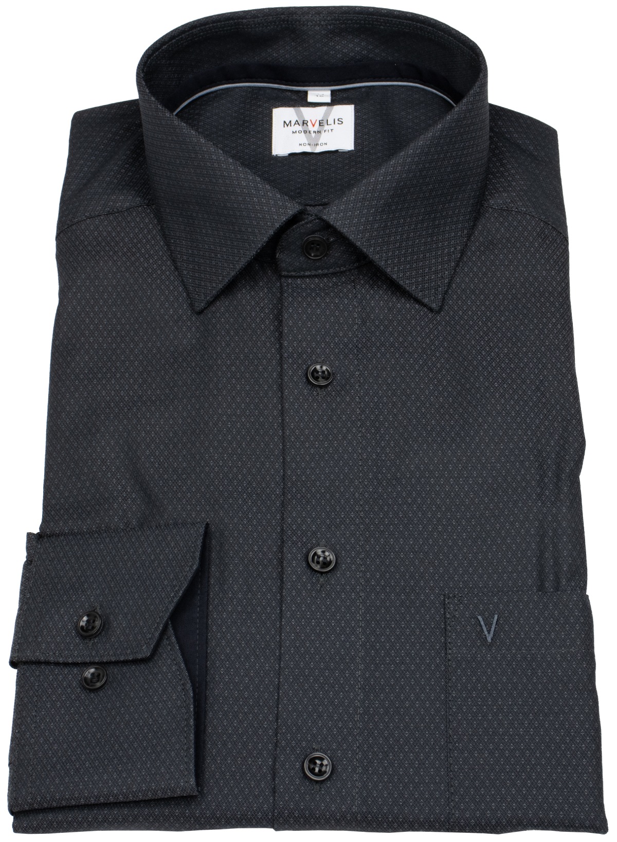Marvelis Hemd - Modern Fit - Struktur - Chambray - schwarz - extra langer 69cm Arm