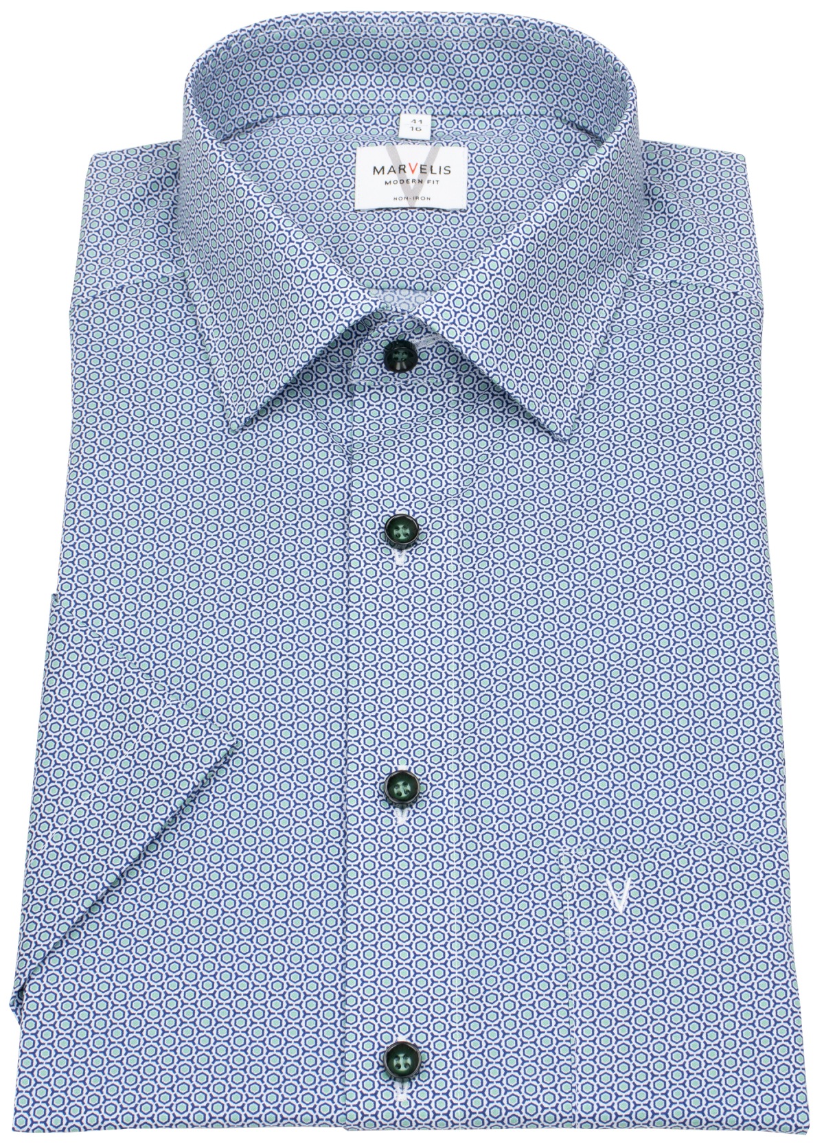 Marvelis Kurzarmhemd - Modern Fit - Kontrastknöpfe - hellblau / grün