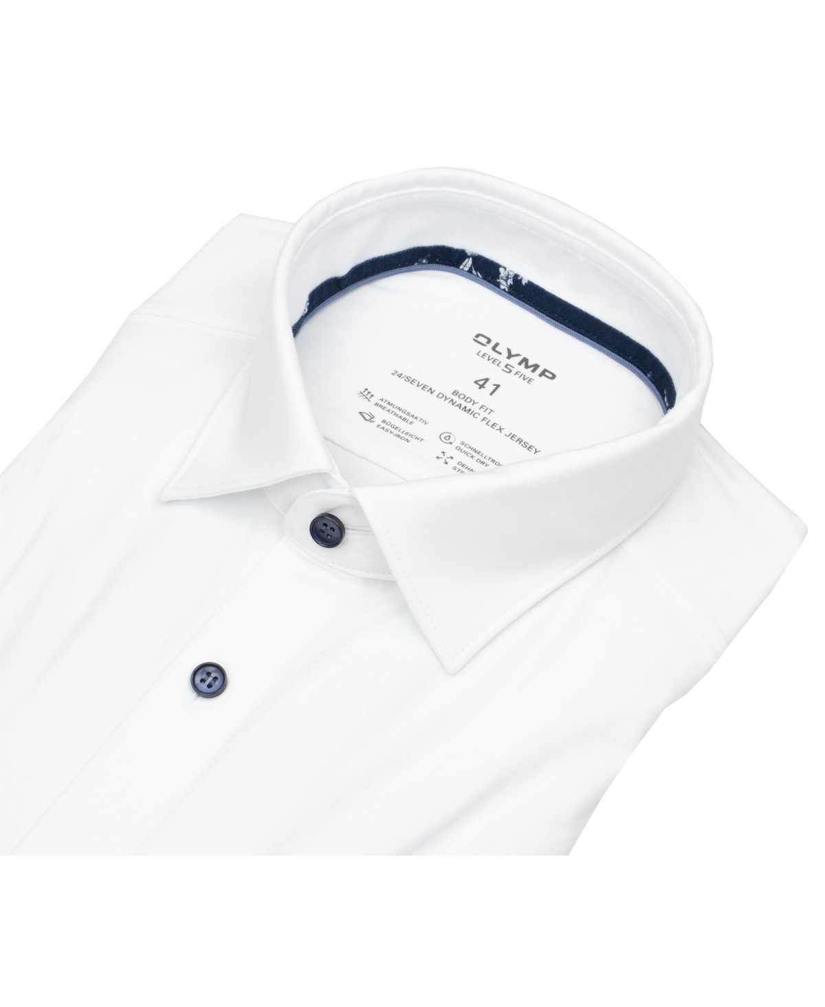 OLYMP Hemd - Level 5 Body Fit - 24/7 Flex Jersey - Kontrastknöpfe - weiß
