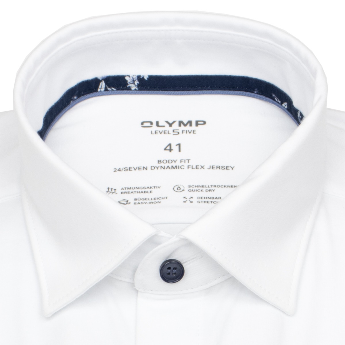 OLYMP Hemd - Level 5 Body Fit - 24/7 Flex Jersey - Kontrastknöpfe - weiß