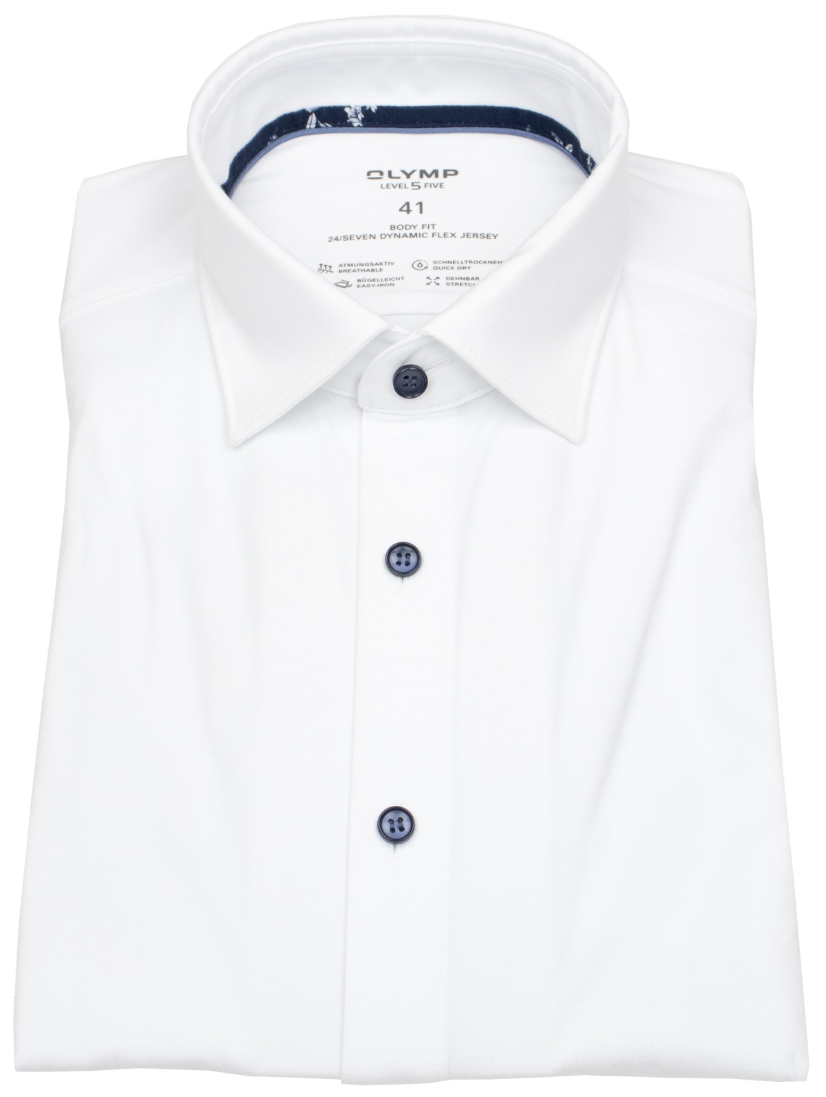 OLYMP Hemd - Level 5 Body Fit - 24/7 Flex Jersey - Kontrastknöpfe - weiß