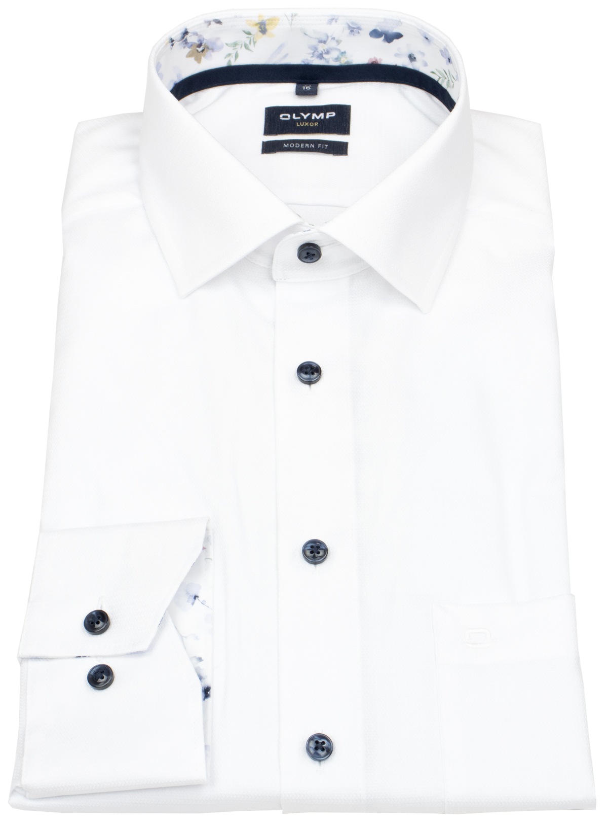 OLYMP Shirt - Modern Fit - Kent Collar - Structure - Contrast Buttons - White - w/o OP