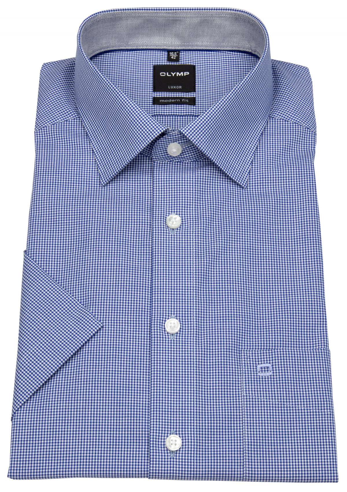 OLYMP Kurzarmhemd - Modern Fit - fein kariert - blau / weiß