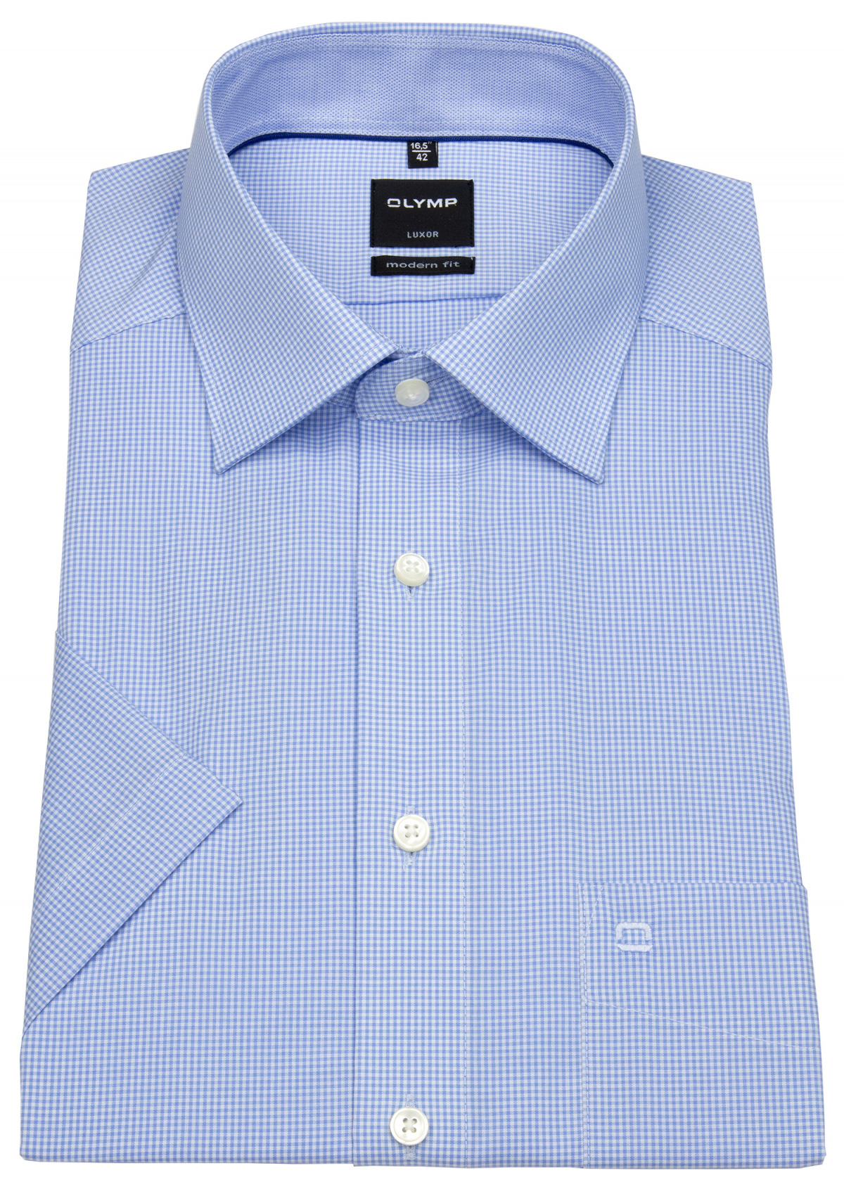 OLYMP Kurzarmhemd - Modern Fit - fein kariert - hellblau / weiß