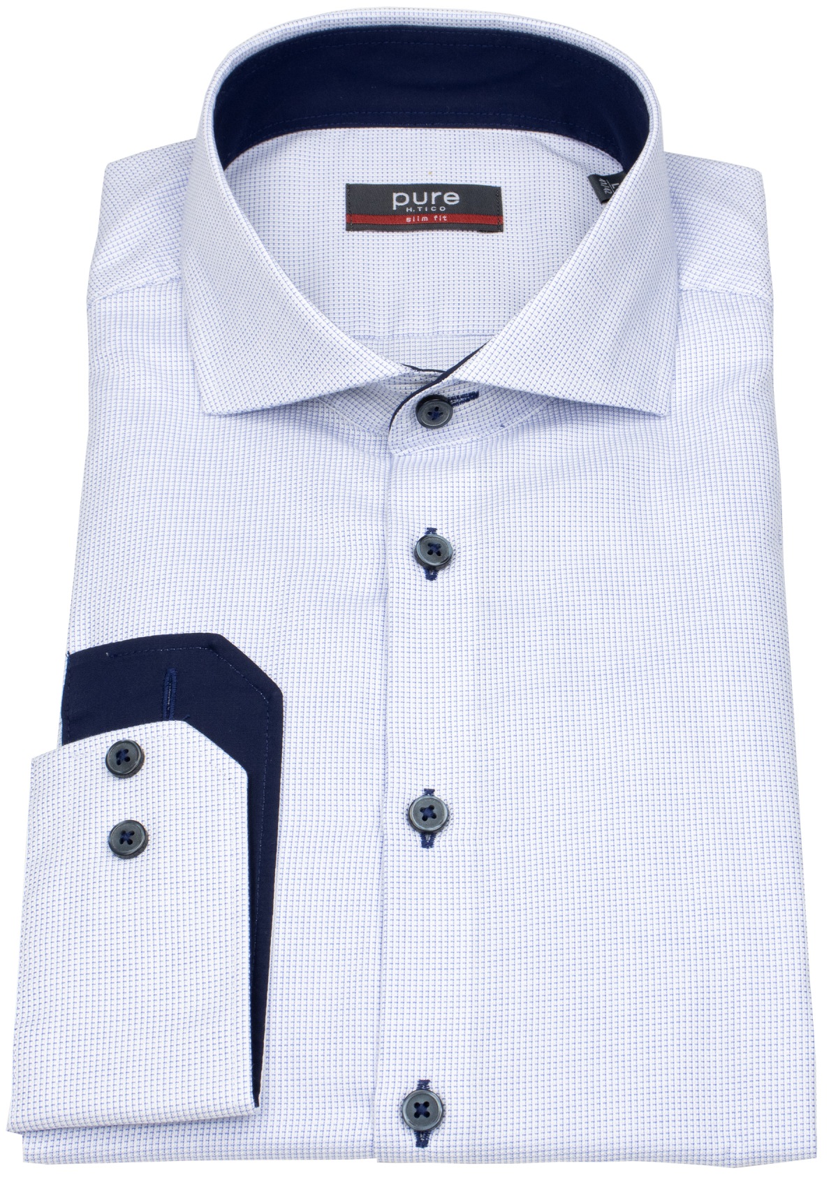 Pure Hemd - Slim Fit - Haifischkragen - fein kariert - Kontrastknöpfe - blau - ohne OVP