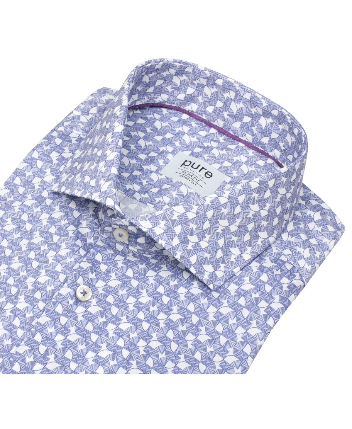 Pure Hemd - Slim Fit Stretch - Haifischkragen - Print - blau / weiß