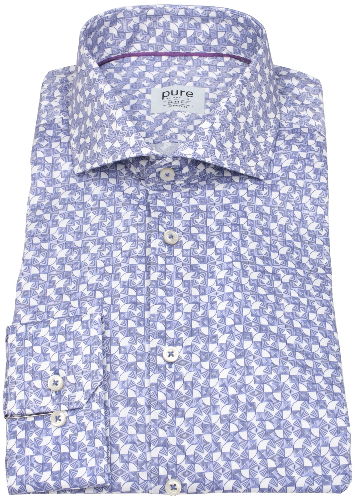 Pure Hemd - Slim Fit Stretch - Haifischkragen - Print - blau / weiß