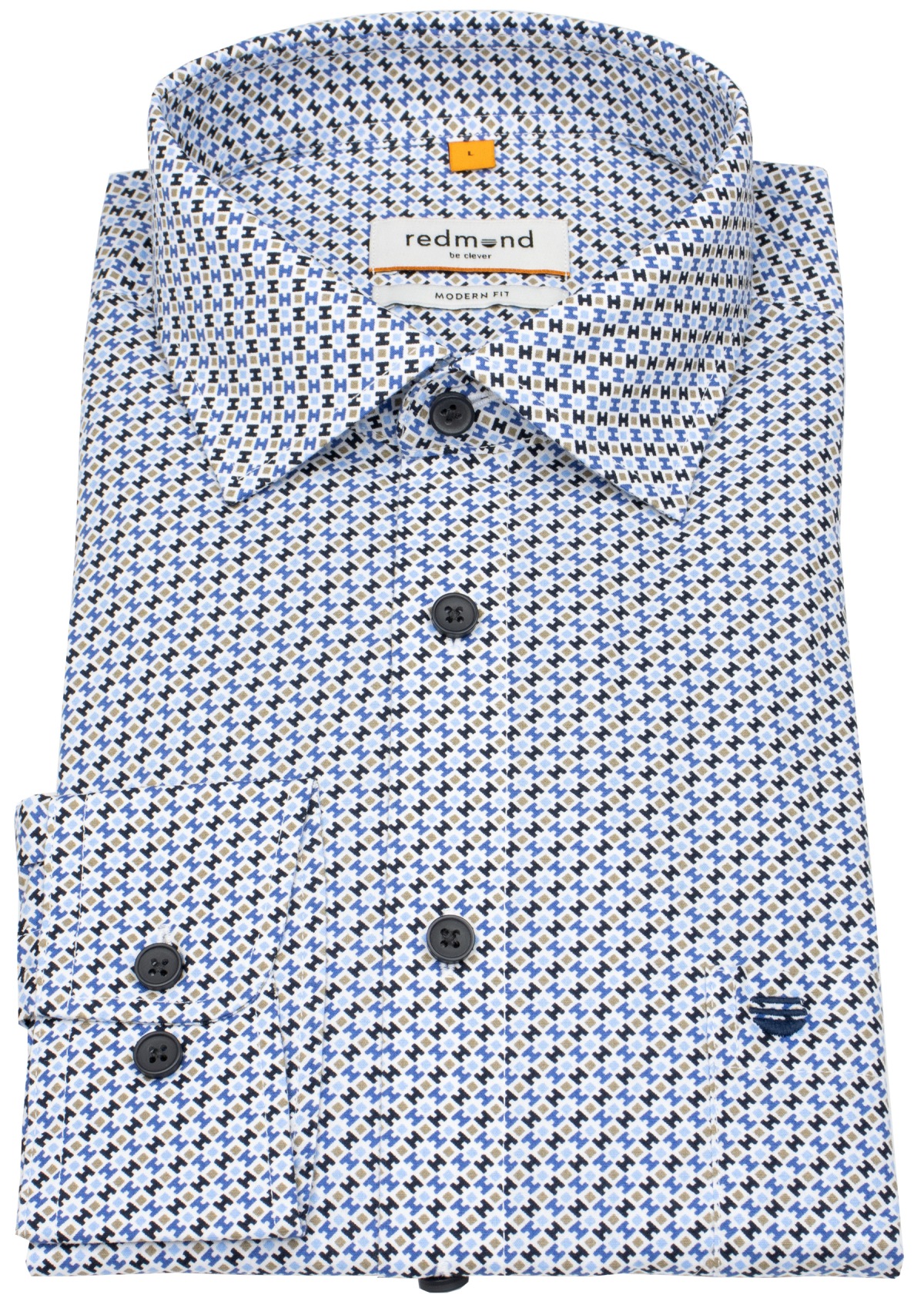 Redmond Hemd - Modern Fit - Print - Kontrastknöpfe - blau
