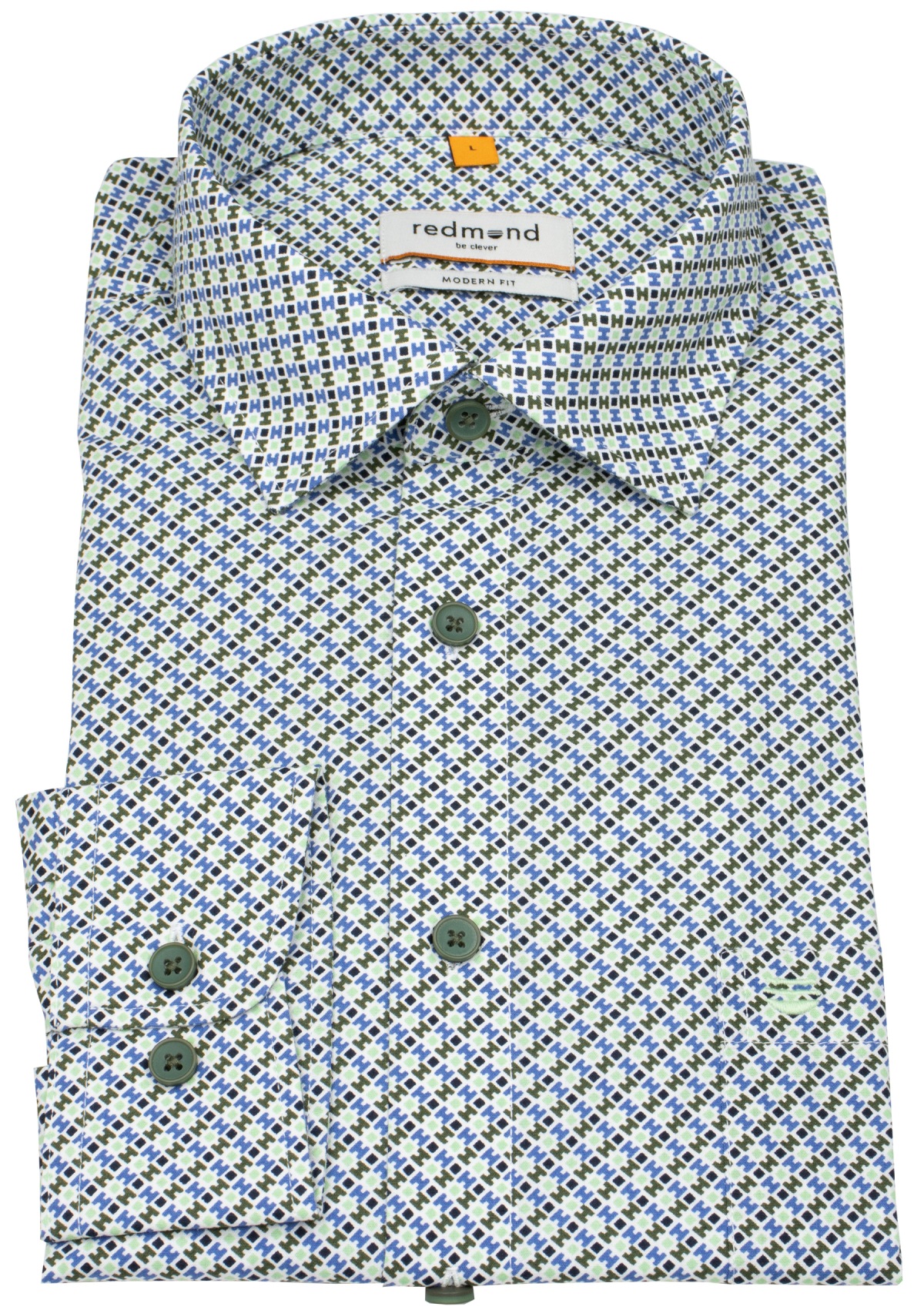 Redmond Hemd - Modern Fit - Print - Kontrastknöpfe - grün