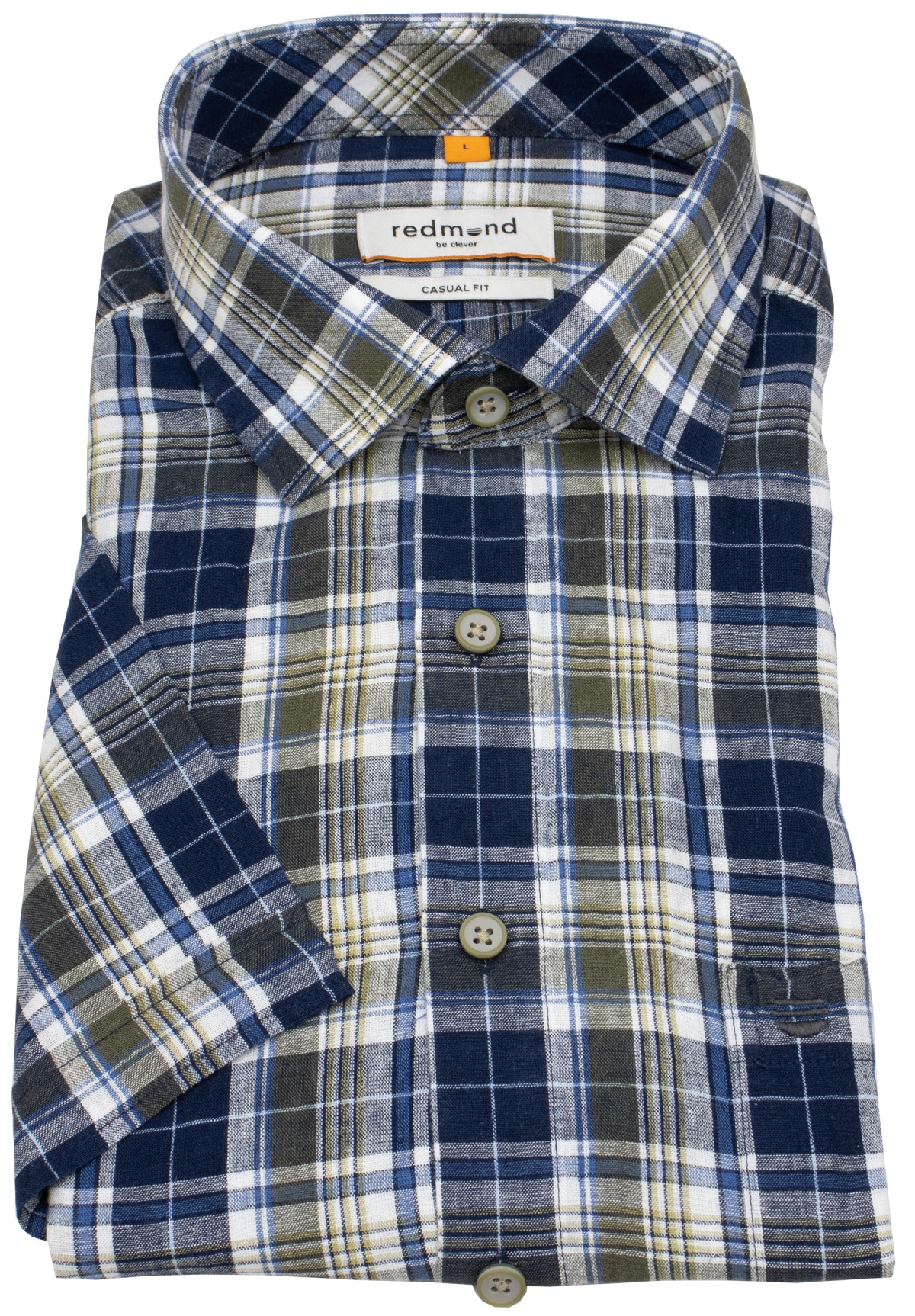 Redmond Kurzarmhemd - Casual Fit - Leinen Mix - kariert - blau / grün