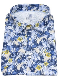 DESOTO Kurzarmhemd - Slim Fit - Jersey - Kentkragen - Print - blau