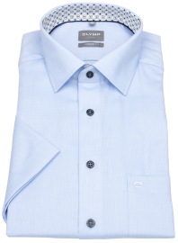 OLYMP Kurzarmhemd - Comfort Fit - Faux Uni Struktur - Kontrastknöpfe - hellblau
