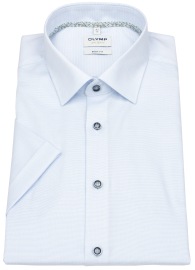 OLYMP Kurzarmhemd - Level 5 Body Fit - Struktur - Kontrastknöpfe - hellblau