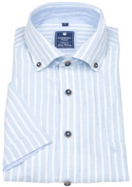 Redmond Short Sleeve Shirt - Regular Fit - Button Down - Leinen - Striped - Light Blue / White - w/o OP