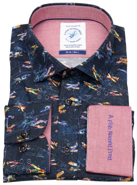 A Fish Named Fred Hemd - Modern Fit - Print - Flugzeuge - dunkelblau - ohne OVP - 29.010 604 