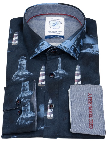 A Fish Named Fred Hemd - Modern Fit - Print - Leuchttürme - dunkelblau