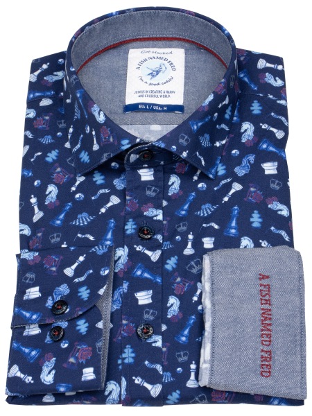 A Fish Named Fred Hemd - Modern Fit - Print - Schach - dunkelblau - ohne OVP