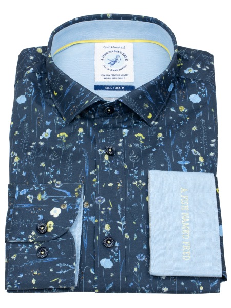 A Fish Named Fred Hemd - Modern Fit - Print - Wildblumen - dunkelblau