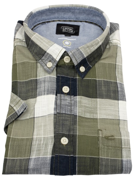 Camel Active Kurzarmhemd - Regular Fit - Button Down - kariert - olivgrün