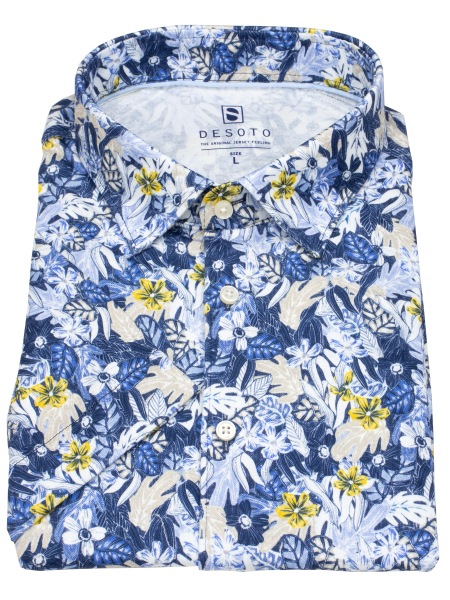 DESOTO Kurzarmhemd - Slim Fit - Jersey - Kentkragen - Print - blau