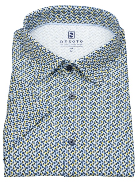 DESOTO Kurzarmhemd - Slim Fit - Jersey - Kentkragen - Print - blau / gelb