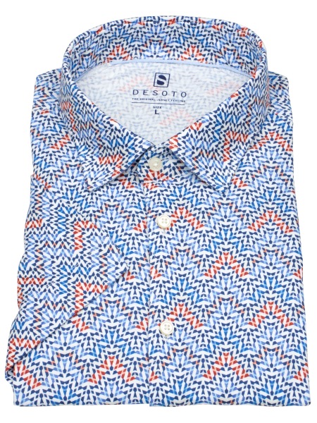 DESOTO Kurzarmhemd - Slim Fit - Jersey - Kentkragen - Print - blau / rot