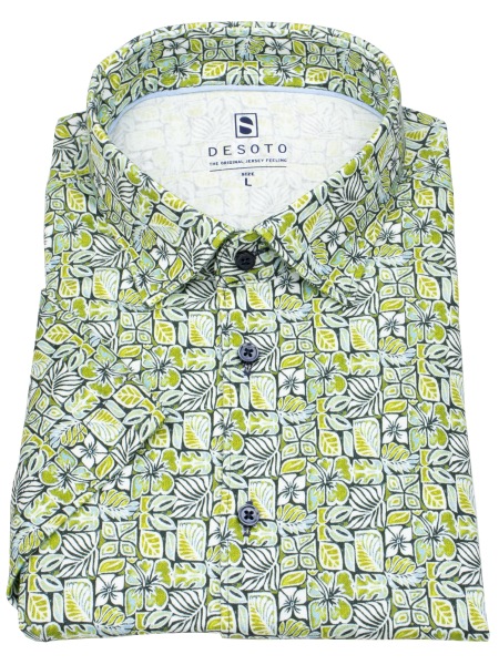 DESOTO Kurzarmhemd - Slim Fit - Jersey - Kentkragen - Print - grün