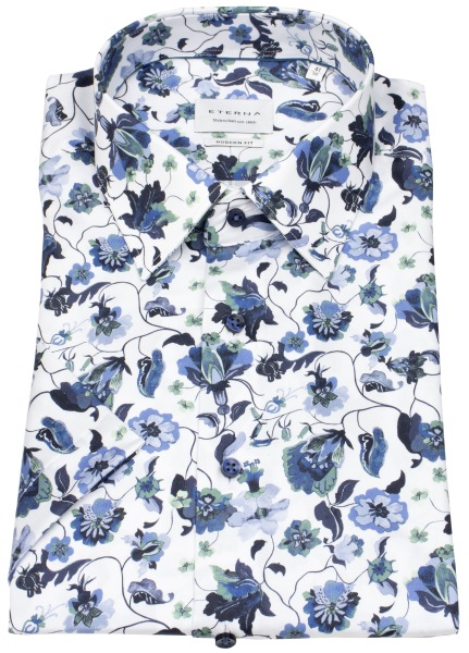 Eterna Kurzarmhemd - Modern Fit - Florales Muster - blau / grün / weiß