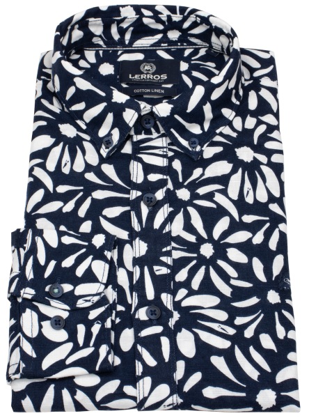 Lerros Kurzarmhemd - Regular Fit - Button Down - mit Leinen - dunkelblau / weiß