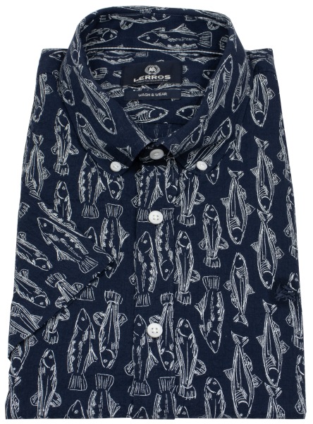 Lerros Kurzarmhemd - Regular Fit - Button Down - Print Fische - dunkelblau