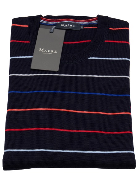 MAERZ Muenchen Pullover - Classic Fit - Rundhals - Merinowolle - feine Streifen - dunkelblau