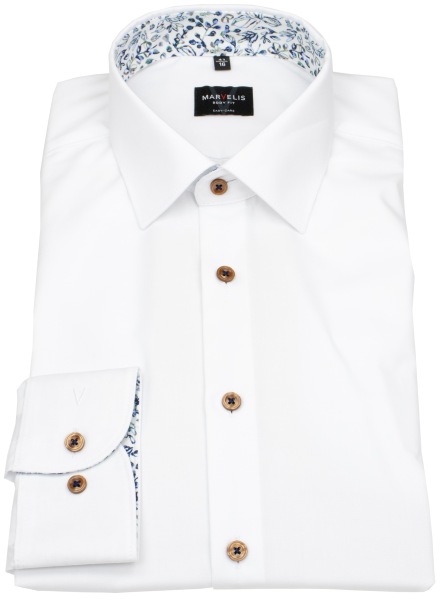 Marvelis Hemd - Body Fit - Patch - Kontrastknöpfe - weiß - extra langer 69cm Arm