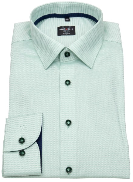 Marvelis Hemd - Body Fit - Struktur - Kontrastknöpfe - grün - extra langer 69cm Arm - ohne OVP