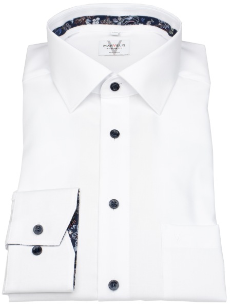 Marvelis Hemd - Modern Fit - Kentkragen - Kontrastknöpfe - weiß - extra langer 69cm Arm